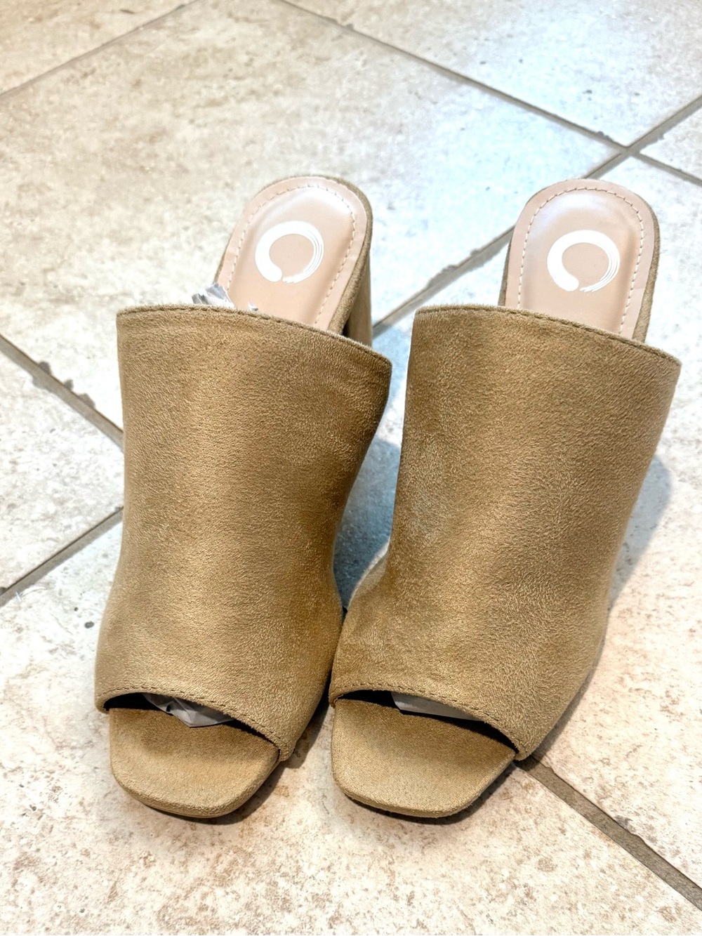 Suede Open-Toe Mule Heels in Tan